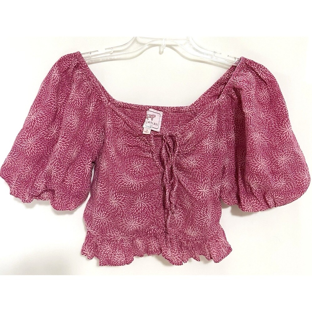 Banjanan Anthropologie Shirt Womens S Pink Cotton Puff-Sleeve Floral Crop Top